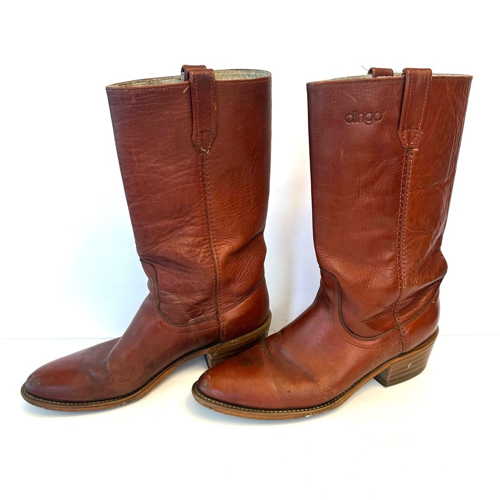 Vintage Men's 1970's Dingo Western 4099 Cognac Brown Leather Boots, Size 9 D - Picture 4 of 7
